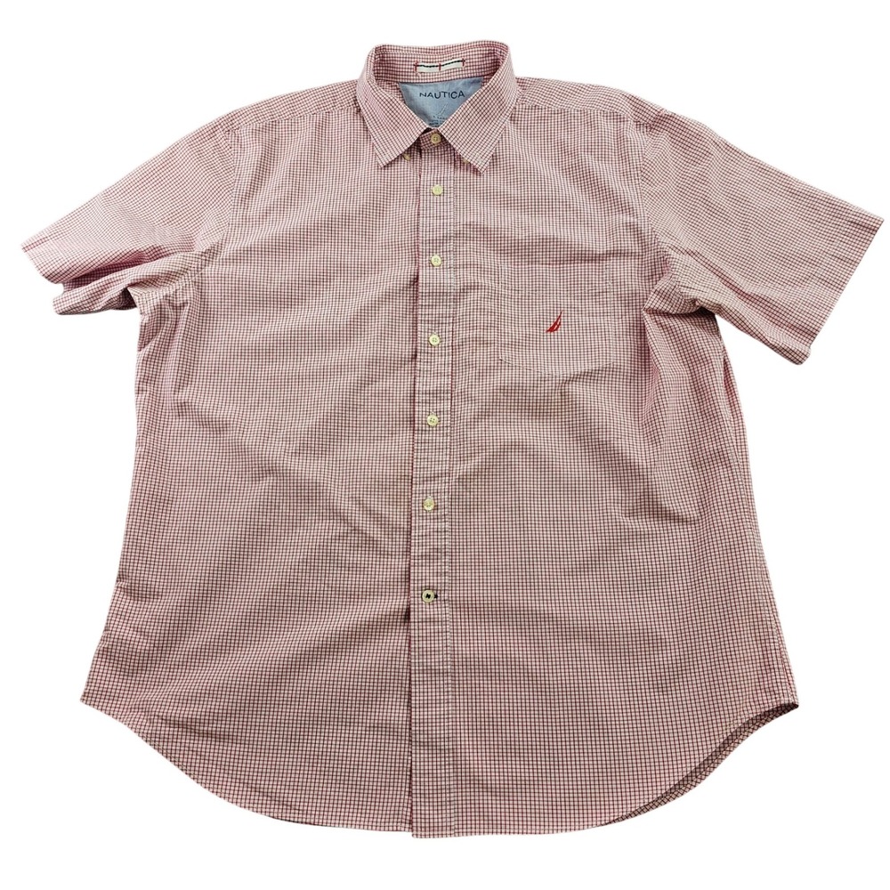 Nautica Shirt Mens XL White Red Gingham Check Classic Short Sleeve Button Down